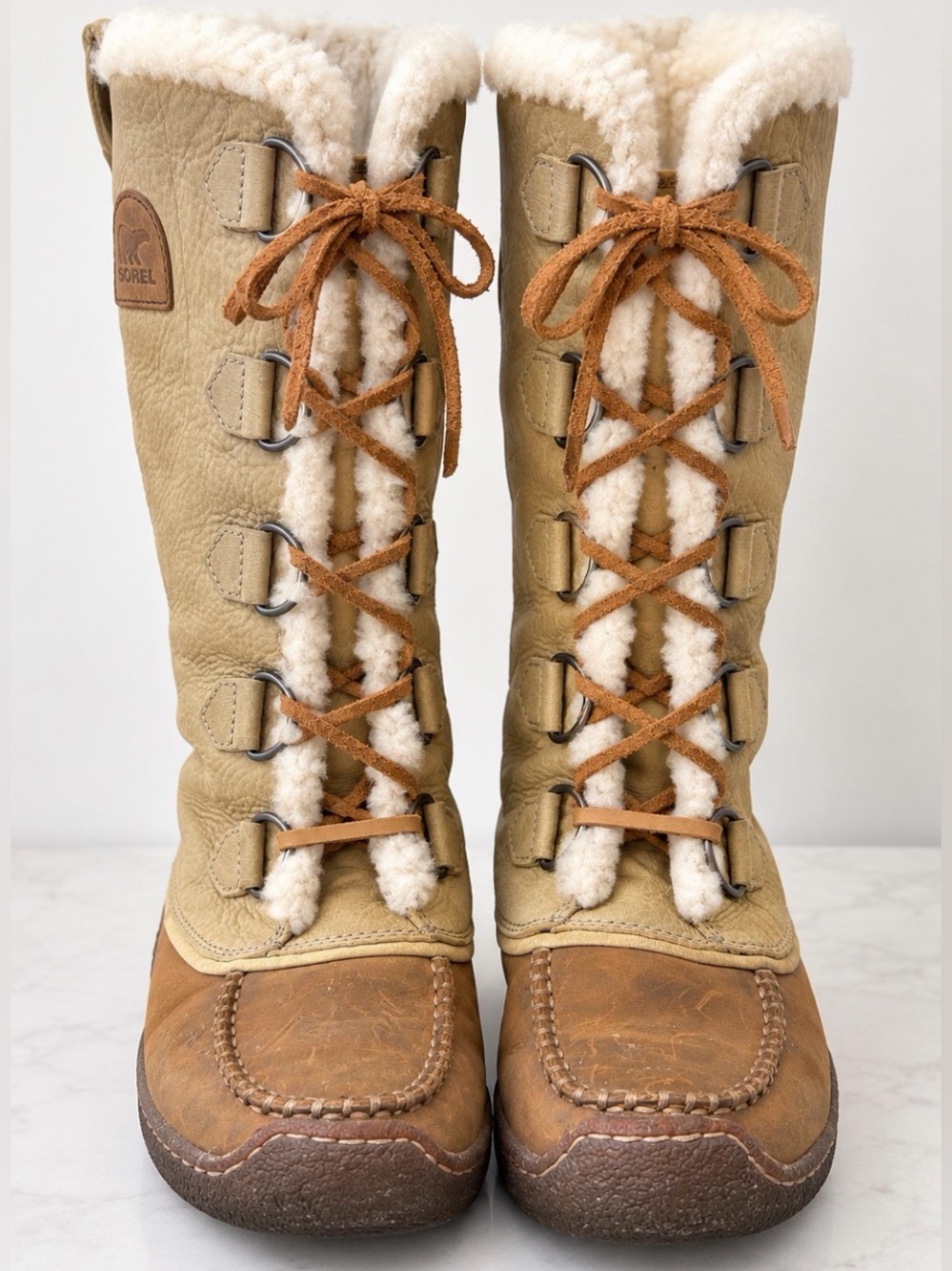 Sorel Women's Tan and Cream Lace-Up Shearling Winter Boots